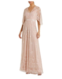 Платье с V-образным вырезом и расклешенными рукавами из декорированной сетки, розовый Mac duggal