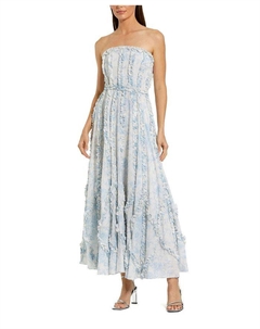 Цветочное хлопковое платье без бретелей с рюшами, синий Mac duggal