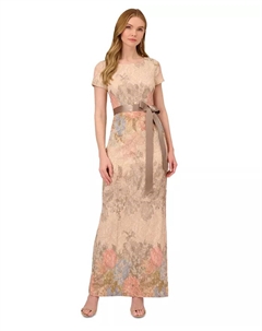 Женское сатиновое платье с коротким рукавом и цветочным принтом, коричневый/бежевый Adrianna papell