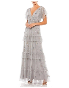 Платье с ярусными рюшами, декорированное и с расклешёнными рукавами, серебряный Mac duggal