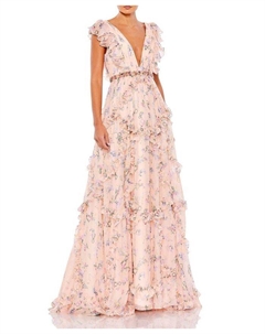 Платье с рюшами, цветочным принтом и короткими рукавами-фонариками, розовый Mac duggal