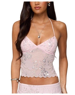 Топ Nelley с бисером и пайетками на прозрачной шифоновой основе без спинки, розовый Edikted