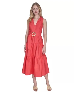 Миниатюрное хлопковое бесшовное платье миди с поясом и ярусами, красный Vince camuto