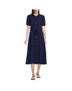 Женское платье с коротким рукавом и застежкой на пуговицы из твила, синий Lands' end