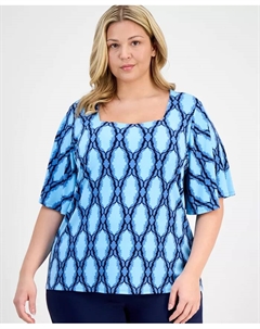 Топ с принтом и рукавами-крылышками больших размеров, синий Jm collection