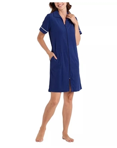 Женский короткий халат с коротким рукавом и молнией сплошного цвета, синий Miss elaine
