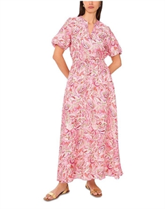 Платье с разрезом на шее и пышными рукавами с принтом, розовый Vince camuto