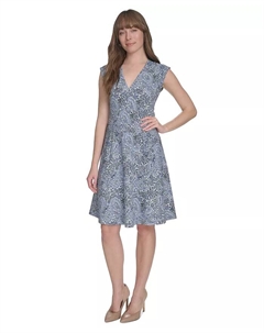 Женское платье с V-образным вырезом и короткими рукавами в стиле "капри" из ткани hopsack с принтом "пейсли", синий Tommy hilfiger
