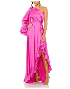 Длинное платье с одним рукавом и асимметричным рюшированным подолом, розовый Mac duggal