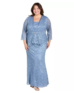 Жакет и платье с металлизированным кружевом Plus Size, синий R&m richards