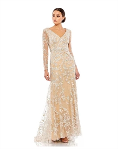 Женское платье с вышивкой, V-образным вырезом, длинными рукавами и расклешенным подолом, белый Mac duggal