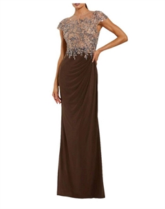 Джерси-платье с кристальными аппликациями и прозрачным лифом, коричневый Mac duggal