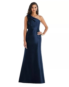 Платье-труба из сатина с бантом и одним плечом больших размеров, синий Alfred sung