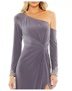 Женское платье с асимметричным вырезом, каплевидными плечами и расшитыми манжетами, серый Mac duggal