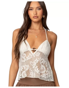 Женский полупрозрачный кружевной топ-боди на запах с завязками на шее, коричневый/бежевый Edikted