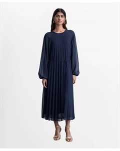 Женское платье с плиссировкой и поясом-бантом, синий Mango