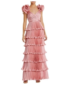 Плиссированное платье из шармуза с ярусами и рюшами на бретелях, розовый Mac duggal