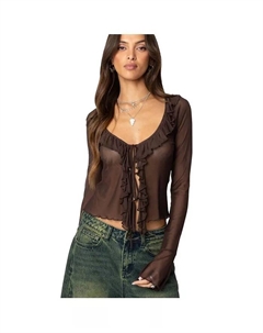 Женский топ с рюшами из прозрачной сетки, коричневый Edikted