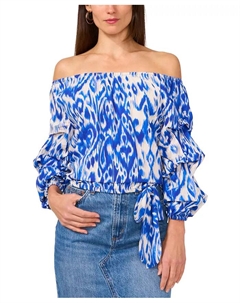 Женская блуза с принтом в стиле икат, с открытыми плечами, пузырчатыми рукавами 3/4 длины и завязками спереди, синий Vince camuto