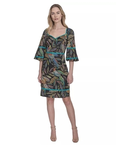 Женское платье из хлопка с принтом листьев и отделкой кантом, черный Vince camuto