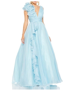 Платье из шифона с V-образным вырезом и рюшами на плечах, синий Mac duggal