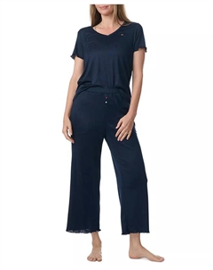 Женский комплект пижамы: футболка с короткими рукавами и укороченные брюки-клеш, синий Tommy hilfiger