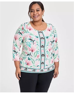 Топ с 3/4 рукавом из жаккарда с цветочным принтом больших размеров, белый Jm collection