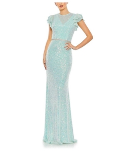 Блестящее платье с высоким воротником и расклешёнными рукавами, синий Mac duggal