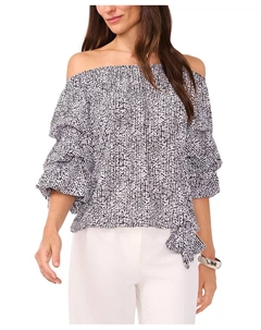 Женская блуза с принтом, офф-шoulder, с рукавом 3/4, пузырчатыми деталями и завязкой спереди, черный Vince camuto