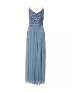 Женское макси-платье с воротником-хомутом и сетчатой юбкой, синий Quiz