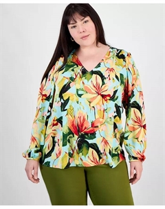 Плюс сайз топ с длинным рукавом и принтом, зеленый Jm collection