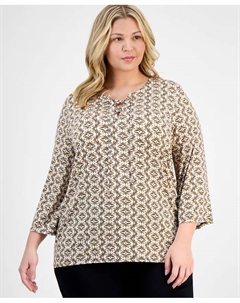 Топ с принтом и шнуровкой на горловине Plus Size, коричневый Jm collection