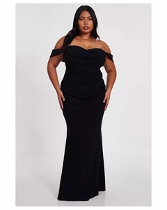 Платье макси с открытыми плечами из крепа и шифона больших размеров, черный Quiz
