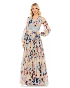 Женское платье с цветочным принтом, пышными рукавами и вышивкой на талии, синий Mac duggal