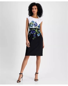 Женское цветочное платье-футляр с контрастными вставками и поясом, синий Connected