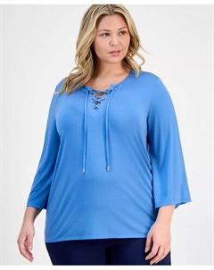 Топ с разрезом на шее и шнуровкой, Plus Size, синий Jm collection