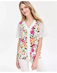 Женский топ с V-образным вырезом и кружевным принтом, белый Jm collection