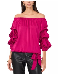 Женская атласная блузка с открытыми плечами, пузырьковыми рукавами 3/4 и завязкой спереди, розовый Vince camuto