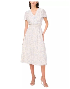 Женское миди-платье с V-образным вырезом, принтом и присборенной талией, синий Vince camuto