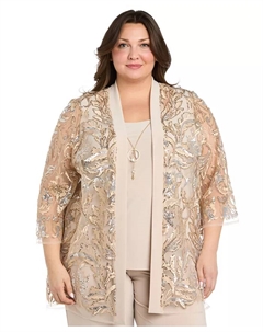 Комплект Plus Size: жакет с декором, топ с колье и брюки (3 предмета), золотой R&m richards