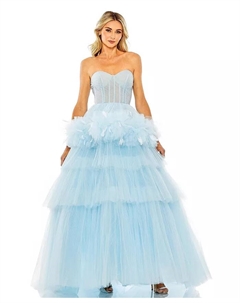 Женское тюлевое платье без бретелей с перьями, синий Mac duggal