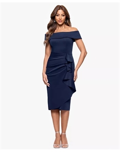 Женское платье-футляр с рюшами и открытыми плечами, синий Xscape