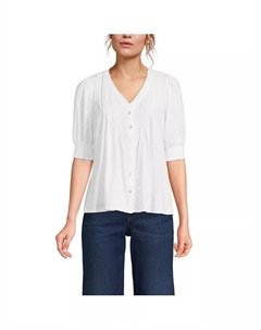 Женская блузка с пуговицами, защипами и рукавами-фонариками, белый Lands' end