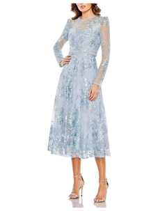 Украшенное платье миди с длинными рукавами и эффектом иллюзии, синий Mac duggal