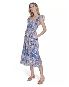 Женское платье с квадратным вырезом и рюшами на бретелях, принтованное, мультиколор Vince camuto