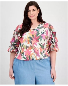 Блузка с V-образным вырезом и объемными рукавами, принтованная, plus size, мультиколор Vince camuto