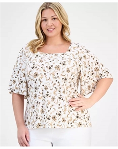 Топ с принтом и рукавами-крылышками больших размеров, коричневый Jm collection