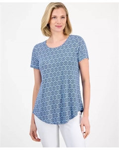 Женский принтованный топ с коротким рукавом и круглым вырезом, синий Jm collection