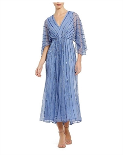 Платье с V-образным вырезом и рукавами кимоно с бисерной отделкой, синий Mac duggal