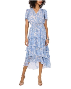 Платье с рукавами-крылышками и ярусами Crossover Flutter Sleeve Tiered, синий Vince camuto